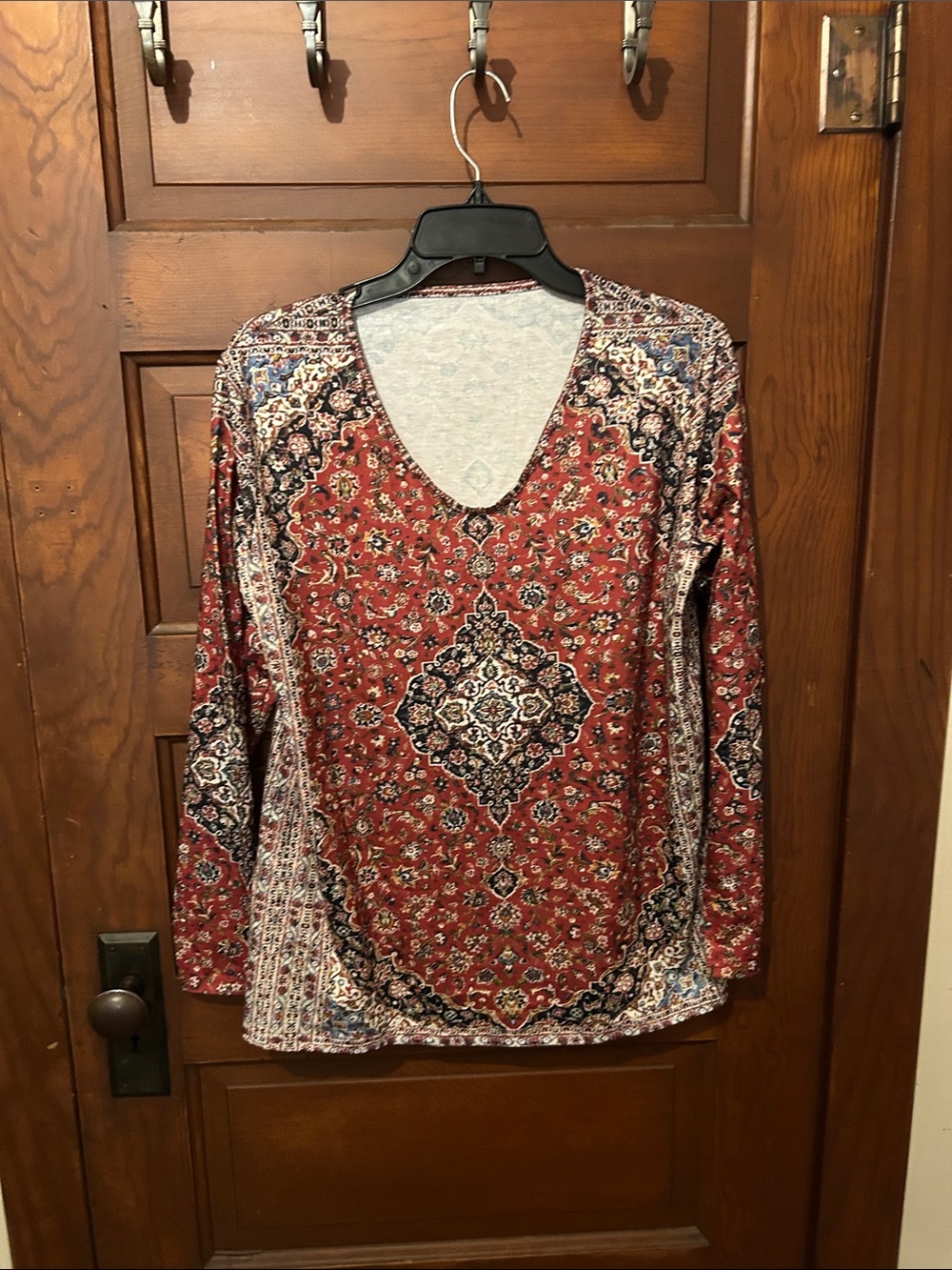 Red Patterned Bohemian V-Neck Long Sleeve Top